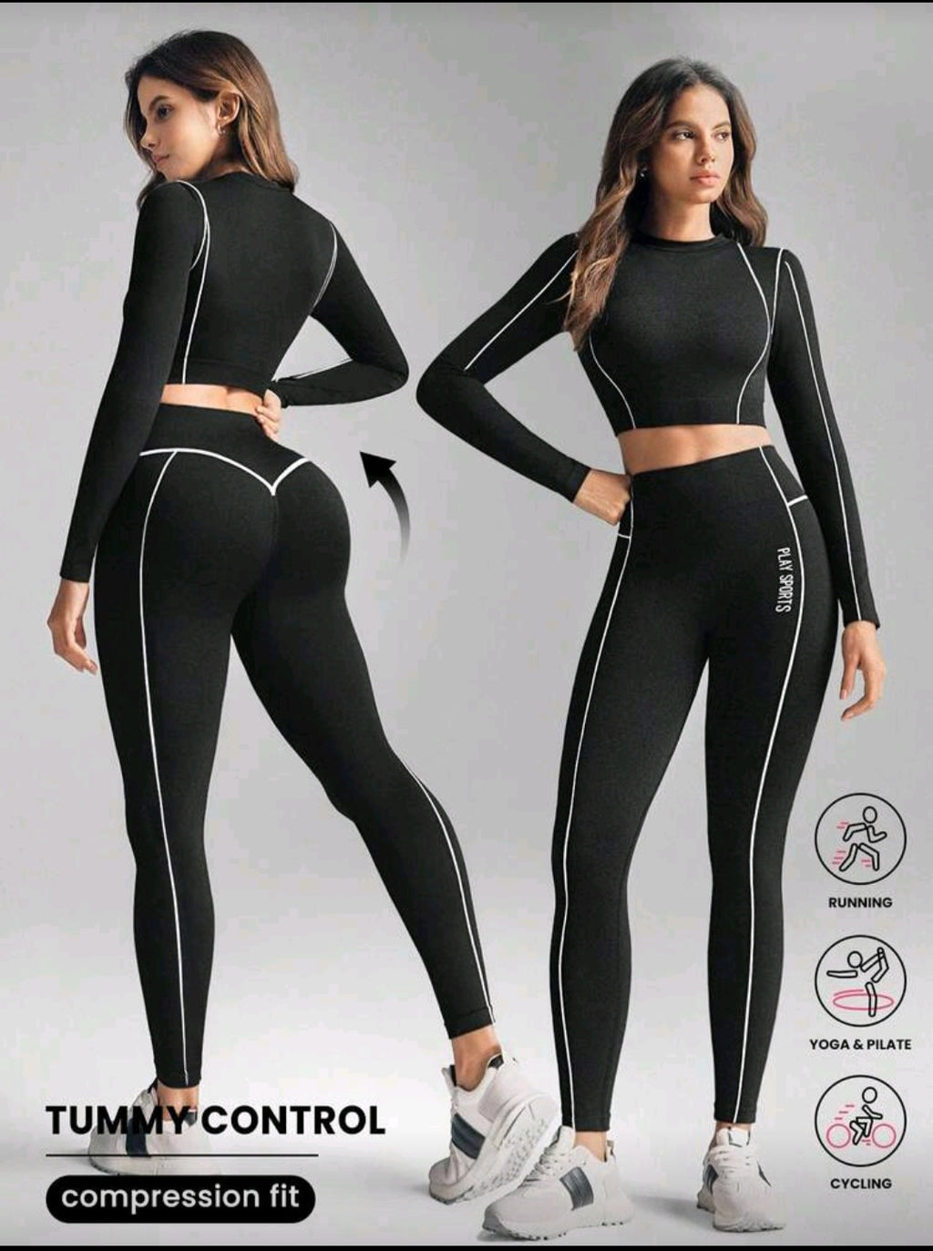 Seamless black sport set long sleeve crop top black legging Set006